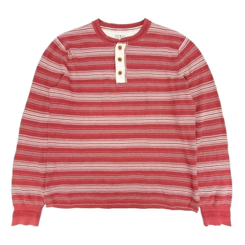 LUCKY BRAND 90s Handcrafted Knit Henley Sweater Mens Large Red Vintage Stripe - Picture 5 of 9